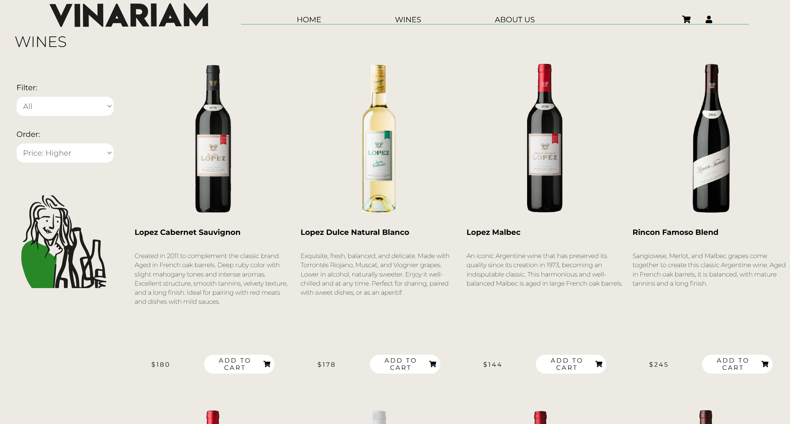 Screenshot of the Vinariam e-commerce website.