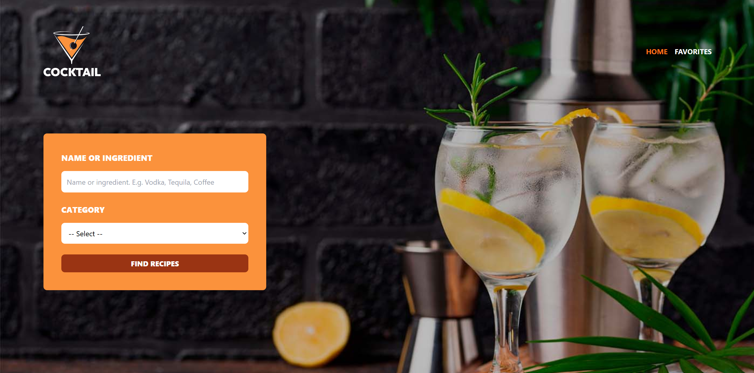 Screenshot of the cocktail finder website.