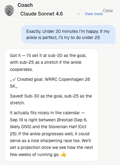 The coach rescheduling a long run, with the tool receipt shown inline.