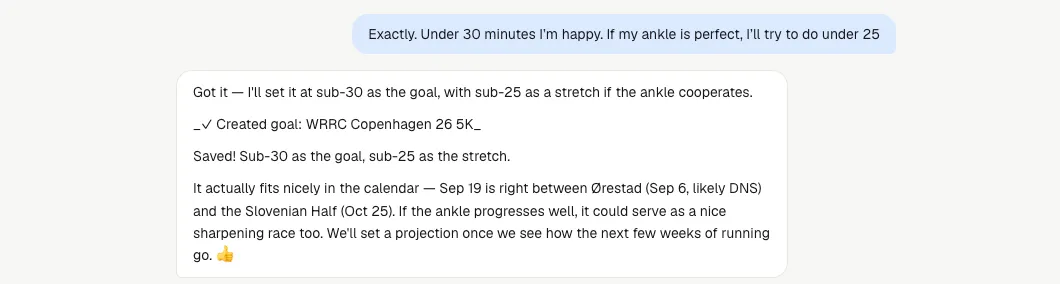 The coach rescheduling a long run, with the tool receipt shown inline.