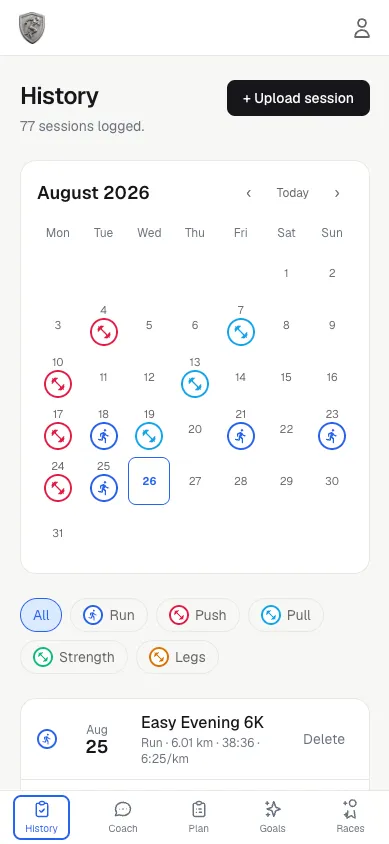Unified history with runs and gym sessions in one timeline.