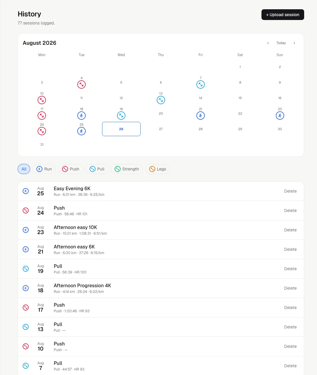 Unified history with runs and gym sessions in one timeline.