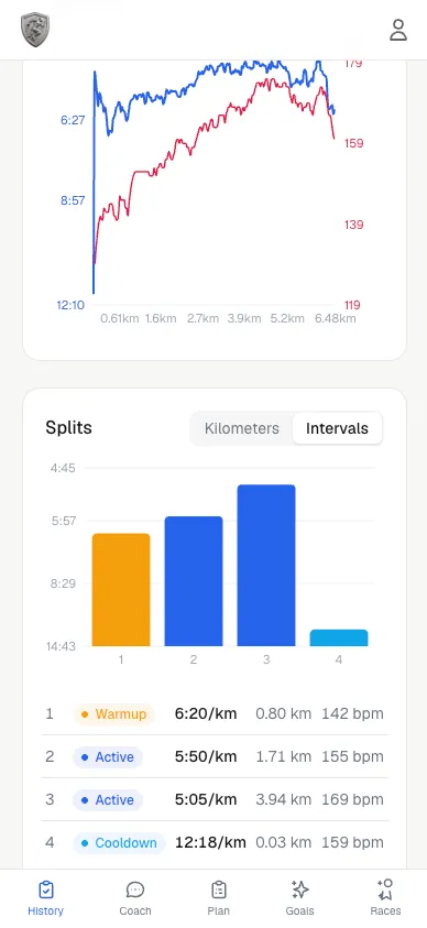 Run detail: per-km splits, heart-rate zones and running form metrics.