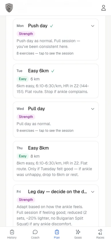 A planned week with runs and strength sessions side by side.